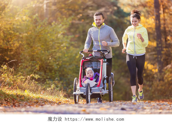 秋天户外慢跑的幸福家庭幸福一家人幸福家庭幸福的人运动健身户外跑步公园健身